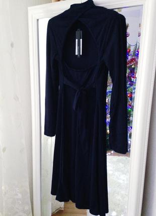 Платье приталенное синее в рубчик трикотаж с открытой спинкой с поясом lost ink3 фото