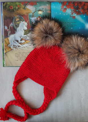 Шапочка с двумя помпонами,шапка для девочки