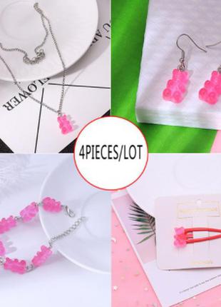 Мишки украшения (набор), розовые - в набор входит браслет, кулон, серьги, заколка, материал смола