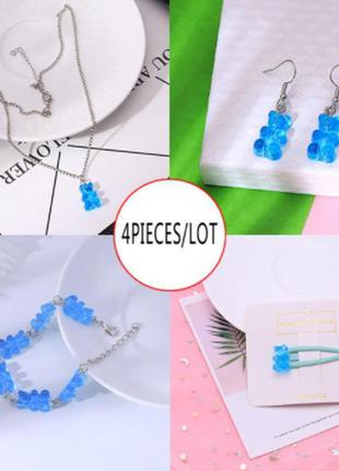 Украшения с мишками (набор), голубые - в набор входит браслет, кулон, серьги, заколка, материал смол