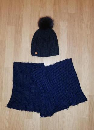 Комплект шапка и шарф хомут, зимний, вязанный, темно-синий5 фото
