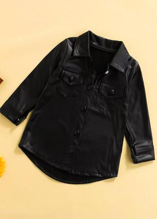 Чёрное стильное модное детское платье на девочку рубашка туника из экокожи3 фото