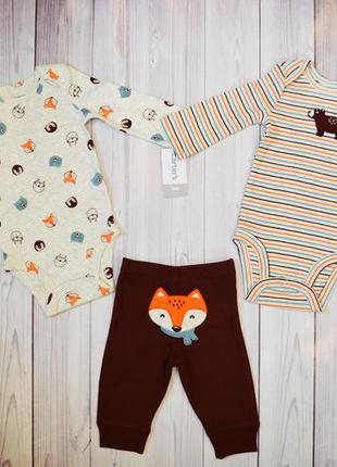 Набір білий боді з лисичками, смугастий боді та коричневі штани для дівчинки carters