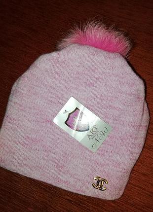 Шапка на флисе с бубоном для девочек