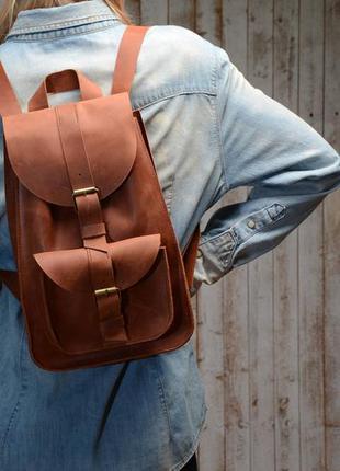Кожа. ручная работа. кожаный женский рюкзак. цвет коньяк