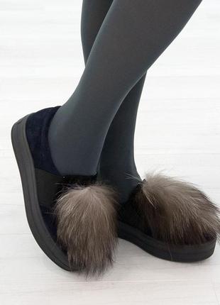 Закрытые женские туфли с мехом из натуральной замши woman's heel темно-синие на низкой платформе