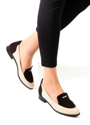 Женские туфли лоферы 36-37 woman's heel бежевые кожаные со вставками из замши4 фото
