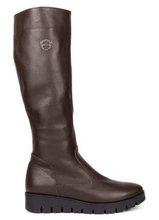 Высокие женские сапоги из натуральной кожи с мехом 36 размер woman's heel коричневые на молнии