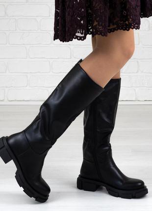 Стильные женские сапоги высокие из искусственной кожи 36. 39. woman's heel черные на плоской подошве4 фото