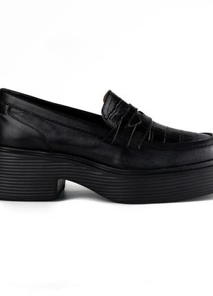 Лоферы женские на массивной подошве черные кожаные туфли женские 36-40 woman's heel на широком каблуке