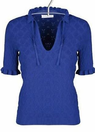 Sandro топ нітовий на зав'язку під шию вязаний з рюшами синього кольору тренд