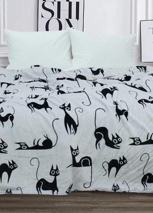 Плюшевый плед  с черными  котиками 160х200 велсофт  микрофибра  alm-051