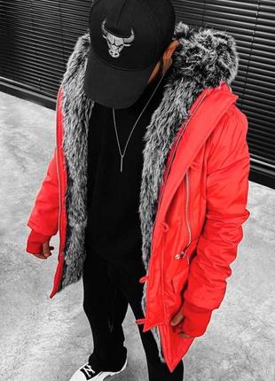 Парка куртка мужская длинная зимняя с мехом красная турция / чоловіча довга зимова з хутром червона