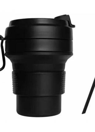 Складная кружка 350 мл, eco cup с карабином и трубочкой, черная1 фото