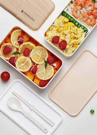 Ланч-бокс bento с бамбуковой крышкой, 1200 мл - белый3 фото