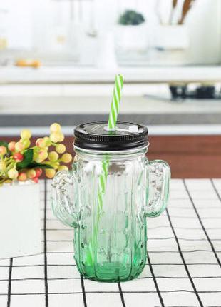 Кружка банку кактус mason jar, 350 мл, зелена, 2 кришки