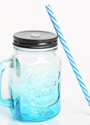 Скляна банка з ручкою mason jar блакитна, 450 мл