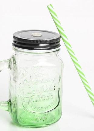 Стеклянная банка с ручкой mason jar зелёная, 450 мл1 фото