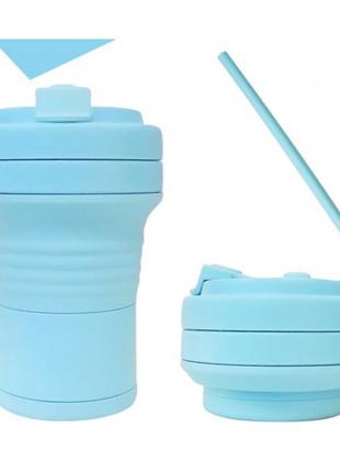 Складная кружка 550 мл, eco cup с карабином и трубочкой, голубая