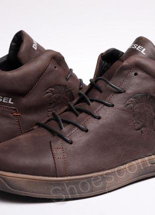 Зимние мужские ботинки diesel pirate brown из натуральной матовой кожи7 фото
