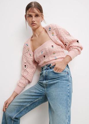 Болеро кофта-накидка рожеве в'язане ажурне у квіткову вишивку zara