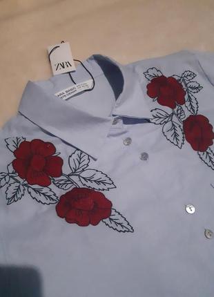 Новая натуральная голубая рубашка вышивка цветы длинный рукав zara 10-12