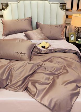 Постільна білизна сатин / однотонный сатиновый комплект постельного белья, коричневый + бежевый1 фото