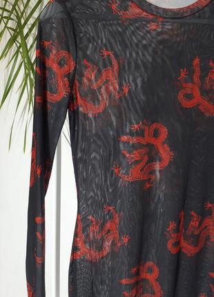 Черное платье сетка с принтом дракона. платье с длинным рукавом6 фото
