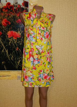 Р. 44-46 платье новое желтое с цветами и завязками на шее – лен3 фото