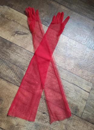 Перчатки свадебные женские ажурные прозрачные красные червоні длинные для выпускной вечерние сетчатые4 фото