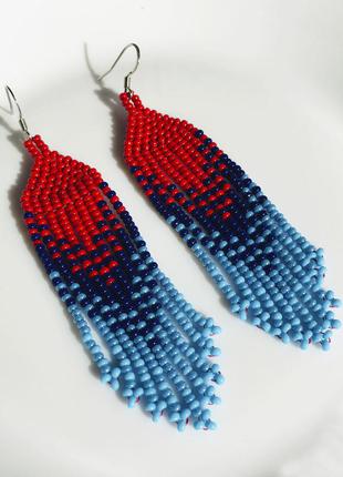 Красно-синие серьги из бисера с бахромой