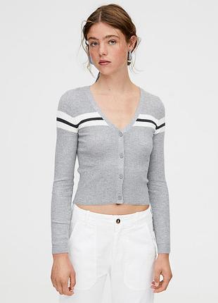 Кофта кардиган на пуговицах серый в рубчик с контрастными полосками pull & bear