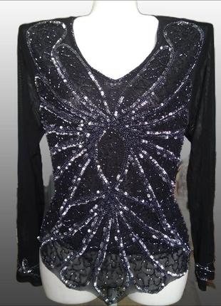 Эффектная нарядная блестящая прозрачная черная блуза сетка со стразами/лонгслив/реглан2 фото