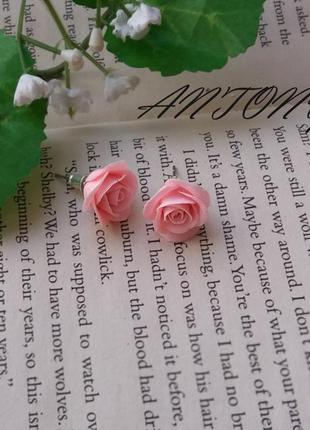 Серьги розы розовые, серьги-гвоздики цветы1 фото