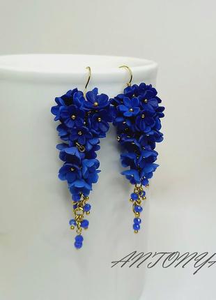 Сині сережки з квітами,сережки сині довгі, сережки сині грона3 фото
