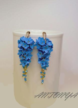 Блакитні сережки з квітами, сережки блакитні довгі, сережки грона блакитні4 фото