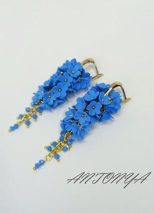 Блакитні сережки з квітами, сережки блакитні довгі, сережки грона блакитні3 фото