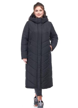 Пальто жіноче зимове довге тепле на синтепухе чорне розміри від 42 до 54