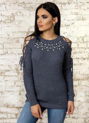 Нарядный женский свитер с открытыми плечами и жемчугом, размер от 42 до 466 фото