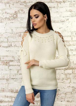 Нарядный женский свитер с открытыми плечами и жемчугом, размер от 42 до 464 фото