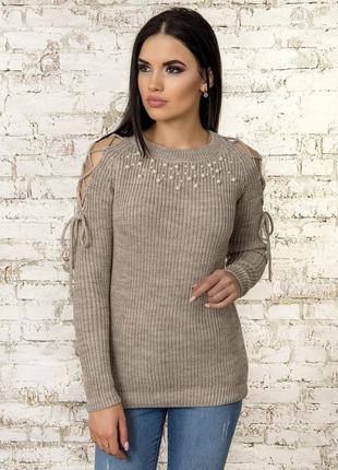 Нарядный женский свитер с открытыми плечами и жемчугом, размер от 42 до 468 фото