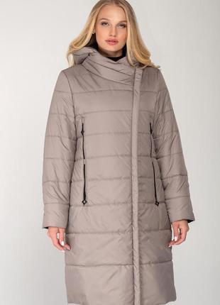Длинная женская куртка плащевка с утеплителем, цвет бежевый, большого размера от 46 до 56