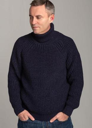 Вязаный теплый мужской свитер синего цвета под горло, размеры от l до 3xl1 фото