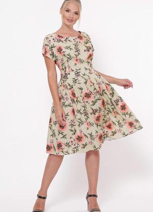 Бежевое летнее платье в цветочки легкое воздушное до колена размер 50, 52 54 563 фото