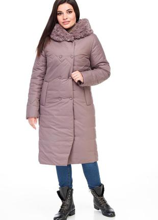Стеганое зимнее женское пальто с мехом плащевка шоколадного цвета от 48 до 62 большие размеры
