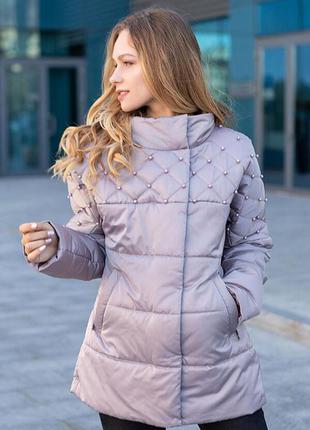 Красивая женская короткая куртка с бусинками, цвет бежевый, большого размера от 46 до 54