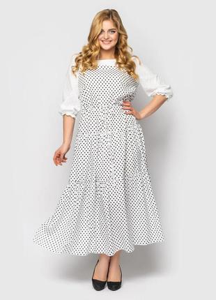Симпатичное белое платье длинное свободного кроя в горошек, большие размеры от 52 до 58