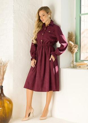 Бордова вельветова сукня-сорочка з довгими рукавами3 фото