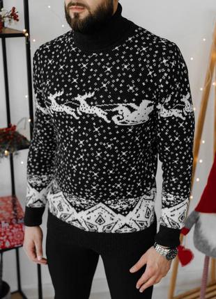 Новогодний свитер с оленями, новорічний светр з оленями, шерстяной свитер, качественный тёплый свитер, с горлышком, много расцветок, family look1 фото