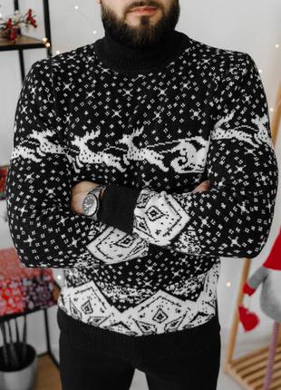 Новогодний свитер с оленями, новорічний светр з оленями, шерстяной свитер, качественный тёплый свитер, с горлышком, много расцветок, family look2 фото